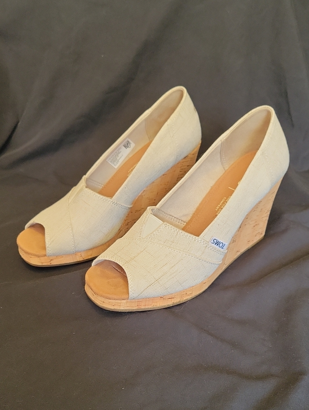TOMS Beige Cork Peep-Toe Wedge Heels